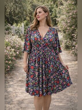 Kiyonna 4X Floral Wrap Dress Plus Size Boho Cottagecore Midi